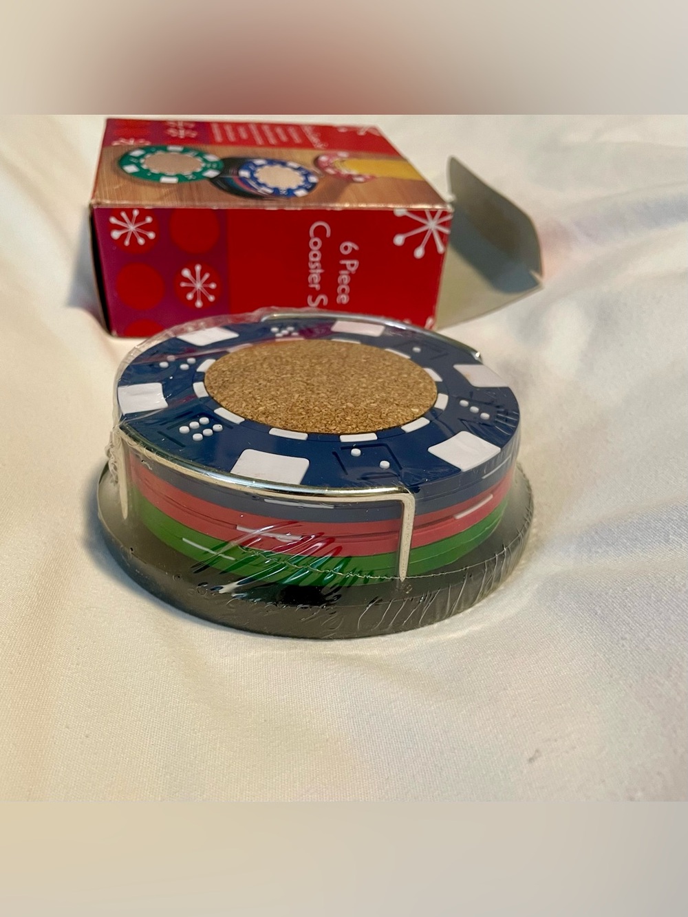 *NEW* 6~Piece Coaster Set-POKER CHIPS w/ Cork Center/Blue~Red~Green Chips w/Rack